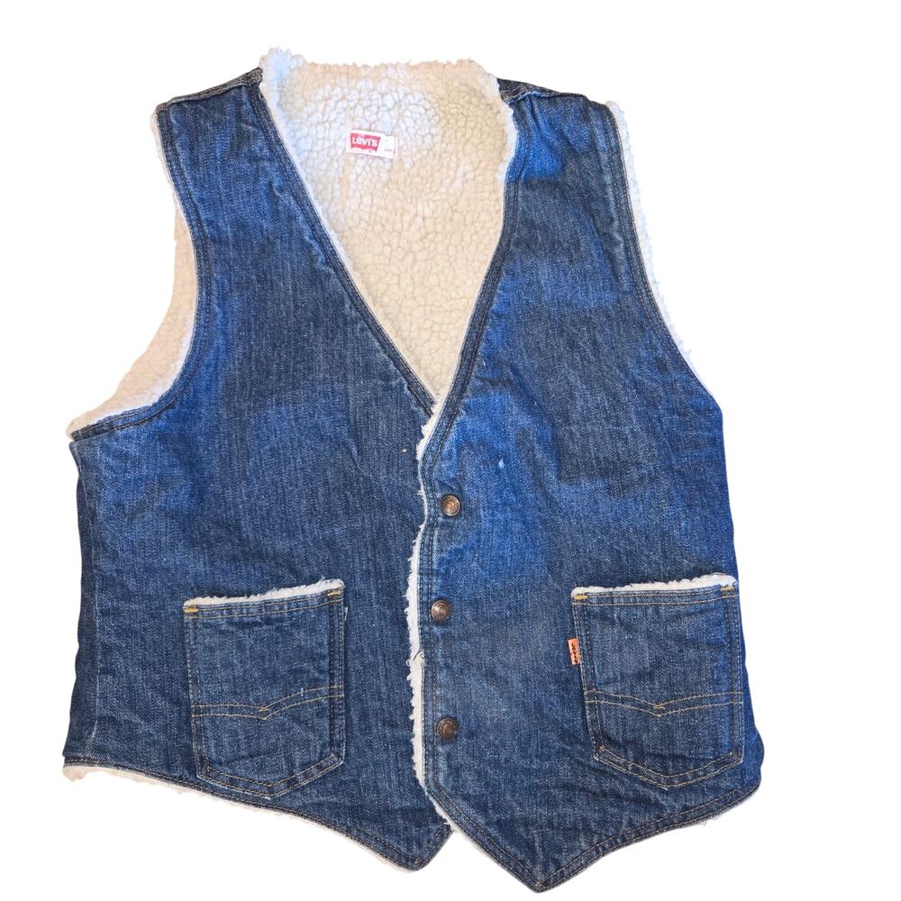 Levis Sherpa Lined Vest Denim Western Made in USA VTG 70s 60605-0213 Orange Tab
